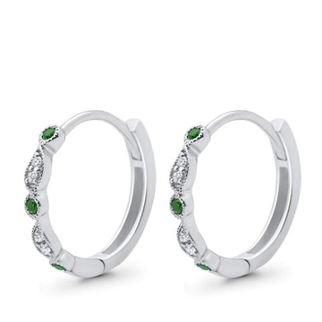 Huggie Hoop Earrings Round Simulated Green Emerald CZ 925 Sterling Silver